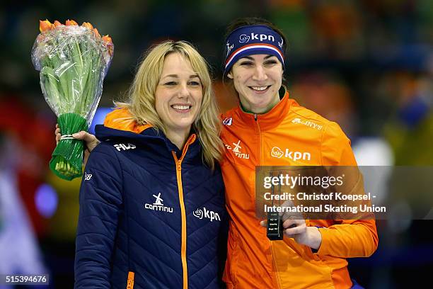Marianne Timmer and Margot Boer of Netherlands pose after her farewell of her career during day 3 of ISU Speed Skating World Cup Final at Thialf Ice...