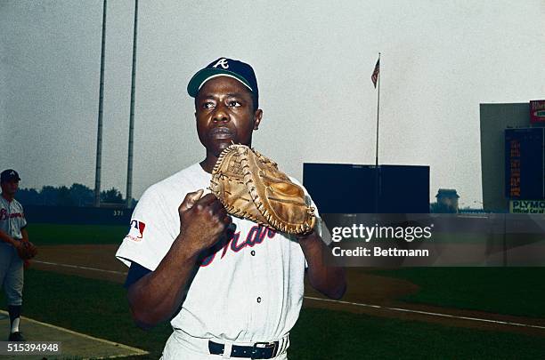 Hank Aaron, outfielder for the Atlanta Braves is shown in this photograph.