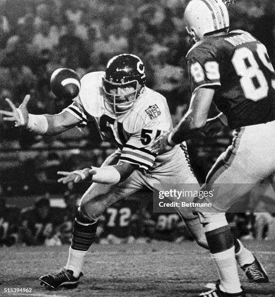 Dick Butkus reaches out to grab a Miami Dolphins pass to wide receiver Karl Noonan as the Chicago Bears met the Miami Dolphins in Miami's Orange...