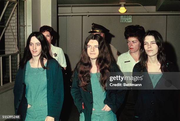 Manson family members and murder suspects Susan Atkins, Patricia Krenwinkle, and Leslie van Houton.