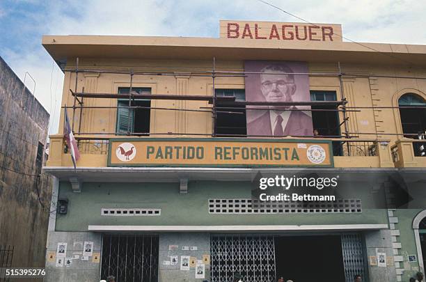 Santo Domingo, Dominican Republic: Headquarters of President Balaguer's Partido Reformista in Santo Domingo, with a big portrait of Joaquin Balaguer...