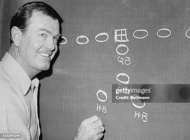 Head coach of the number one ranked Texas Longhorns, Darrell Royal, diagrams his "Wishbone T" or "Y" formation. The Longhorns run a triple action...