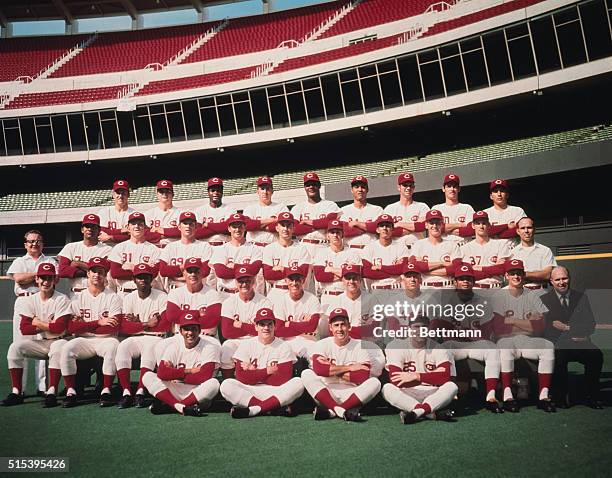 Team photo of the Cincinnati Reds baseball team shown posing in a stadium. In the first row: Angel Bravo, Pete Rose, Jimmy Stewart, and Bernie Carbo....