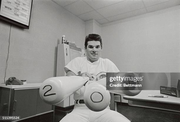 Cincinnati Reds slugger Pete Rose flashes some bats after his 200th hit of the season 9/22 during a game against the Houston Astros. Rose is now the...