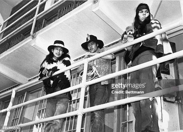 Indian demonstrators inspect prison galleries in main cell block on Alcatraz Island, after this former Federal peniteniary was invaded by Indians for...
