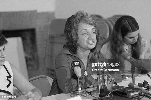 Author Betty Friedan, the National strike Coordinator for the National Women's Strike coalition talks with newsmen here on August 25th. The coalition...