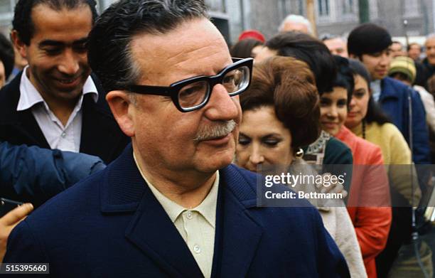 Santiago, Chile: Salvador Allende with his wife, Hortensia, arriving at a schoolhouse in the center of Santiago, where his wife voted. September 4,...