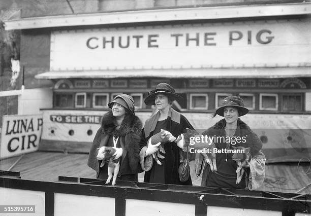 Society Circus Committee for Park Avenue street fair receives instructions at Luna Park on how to run a circus. "Chute the Pigs" at Luna Park. Mrs....