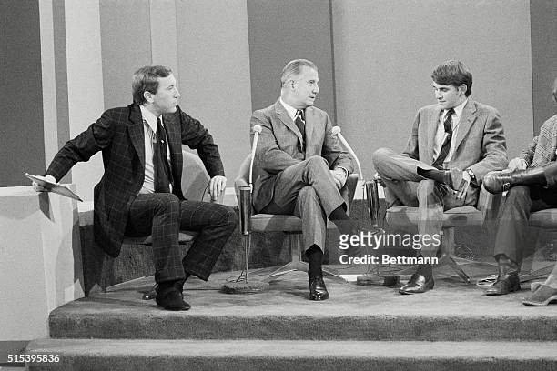 David Frost Show with Vice President Agnew. Left to right David Frost, Spiro Agnew, Gregory B. Craig and long hair Richard Silverman.