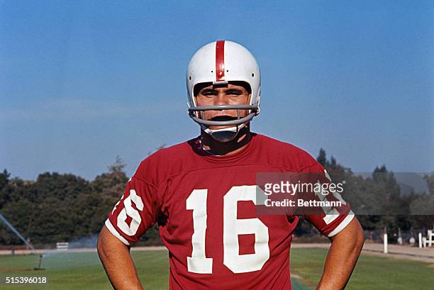 Stanford University quarterback Jim Plunkett is shown in uniform on the football field during a practice session. Plunkett, who set NCAA marks in...