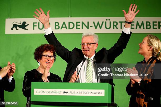 Winfried Kretschmann, incumbent governor of Baden-Wuerttemberg and member of the German Greens Party , celebrates after the Baden-Wuerttemberg state...