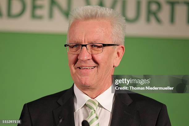 Winfried Kretschmann, incumbent governor of Baden-Wuerttemberg and member of the German Greens Party , talks to his party after the...