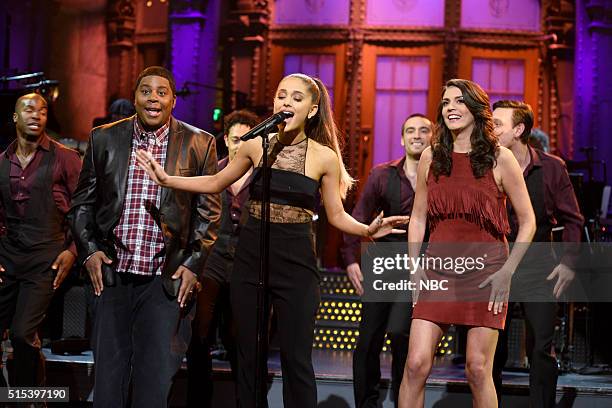 Ariana Grande" Episode 1698 -- Pictured: Kenan Thompson, host Ariana Grande, and Cecily Strong during the monologue on March 12, 2016 --