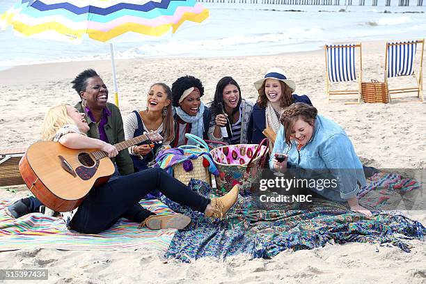 Ariana Grande" Episode 1698 -- Pictured: Kate McKinnon, Leslie Jones, Ariana Grande, Sasheer Zamata, Cecily Strong, Vanessa Bayer, and Aidy Bryant...