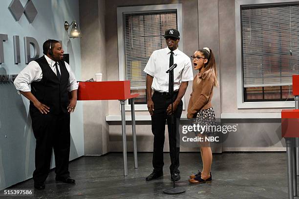 Ariana Grande" Episode 1698 -- Pictured: Kenan Thompson, Jay Pharoah as Jay-Z, and Ariana Grande during the "Tidal" sketch on March 12, 2016 --