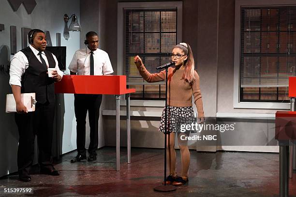 Ariana Grande" Episode 1698 -- Pictured: Kenan Thompson, Jay Pharoah, and Ariana Grande during the "Tidal" sketch on March 12, 2016 --