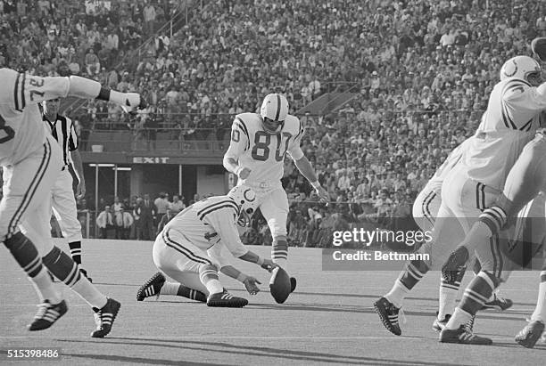 With five seconds remaining, Colt rookie kicker Jim O'Brien makes contact from 32 yards out to score the winning field goal, giving the Baltimore...