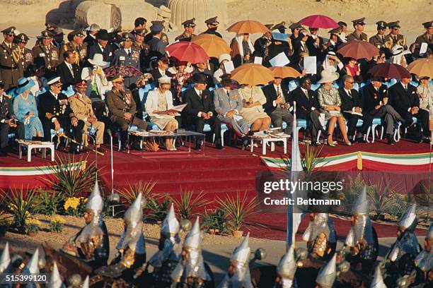 Pasargadas, Iran: Royalty from all over the world watch the parade of soldiers in the ancient Persian dress, commemorating the 2,000th anniversary of...