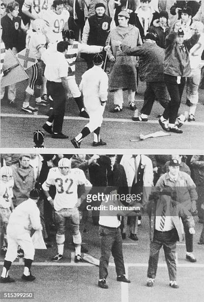 Ann Arbor, Mich.: Irate Ohio State coach Woody Hayes after ripping a flag from a sideline marker, squares off for a fight with a sideline official ,...
