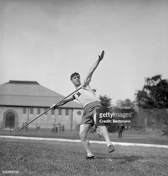 Here is Arthur W. Sager of the Boston Athletic Association, who won the qualifying trial in the javelin throw event at the Olympic tryouts in the...