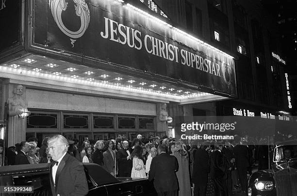 This is a general view of crowd outside the Mark Hellinger Theater here late October 12th, following the opening of the controversial rock-musical,...