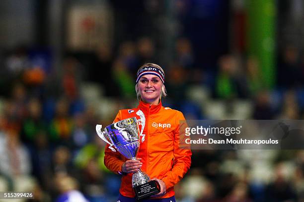 Irene Schouten of the Netherlands celebrates winning the Mass Start Women World Cup during day three of the ISU World Cup Speed Skating Finals held...