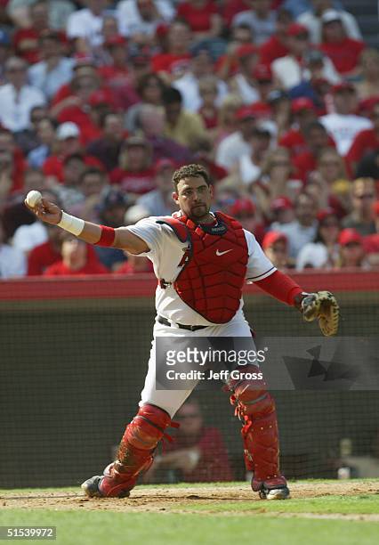 Catcher Bengie Molina of the Anaheim Angels throws the ball during the American League Division Series with the Boston Red Sox, Game One on October...