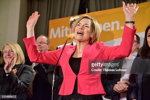 Julia Kloeckner, lead candidate for the German Christian Democrats in Rhineland-Palatinate state elections reacts after the first extrapolation at...