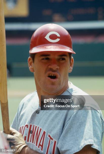 Pete Rose of the Cincinnati Reds during batting practice at Three Rivers Stadium during the late 1960s in Pittsburgh, Pennsylvania.