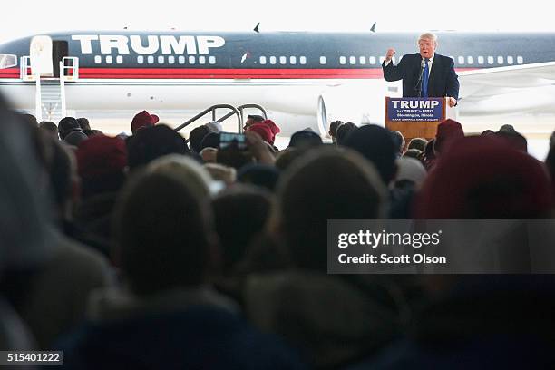 Republican presidential candidate Donald Trump speaks to guests gathered for a rally at the Central Illinois Regional Airport on March 13, 2016 in...