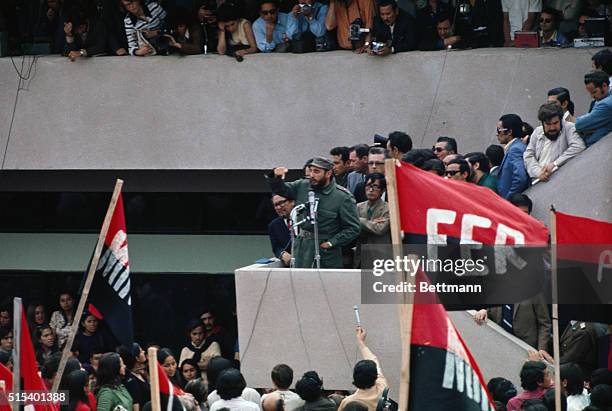 Visiting Cuban Premier Fidel Castro addresses students at Antofagasta University here in this northern Chilean port city.