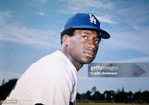 Los Angeles, CA: Head and shoulders portrait of the Los Angeles Dodgers' pitcher, Al Downing, wearing his uniform.