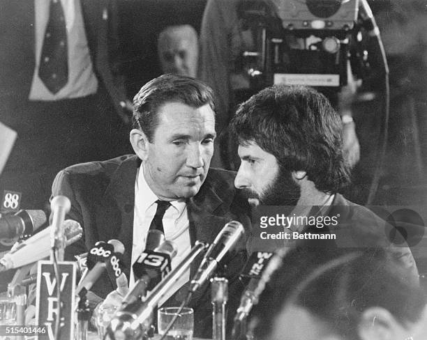 New York City police officer Frank Serpico sits with his attorney, former US Attorney General Ramsey Clark, during a press conference concerning his...