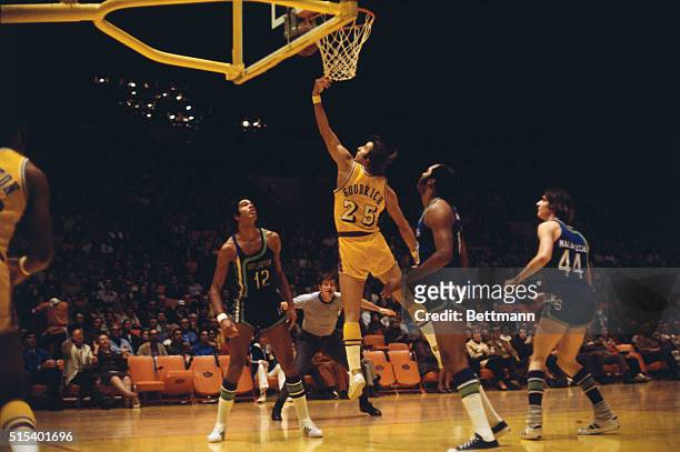 Inglewood, California: Gail Goodrich of the Los Angeles Lakers putting in a layup during a game against the Atlanta Hawks. Los Angeles won 104-95.