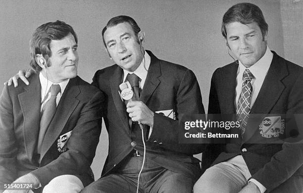 Don Meredith, Howard Cosell and Frank Gifford are shown in this photo together. They are sportscasters for the ABC Broadcasting NFL Monday Night...