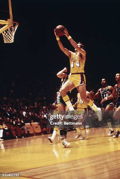 View of Jerry West of the Los Angeles Lakes in action against the Atlanta Hawks. Los Angeles won 104-95.