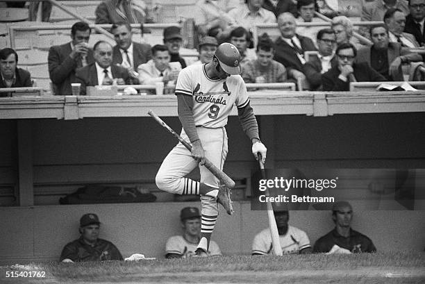 In town for the final game of the '71 season against the New York Mets, September 30th, St. Louis Cardinal's Joe Torre swings a king sized bat...