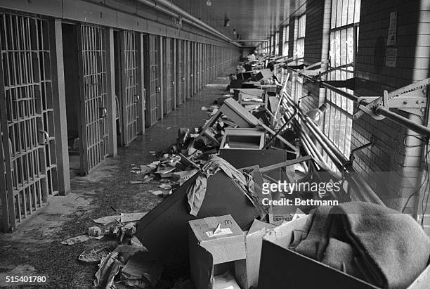 The extent of destruction in cell blocks controlled by rioting inmates is shown in this photo after the prisoners were forced from the area by a mass...