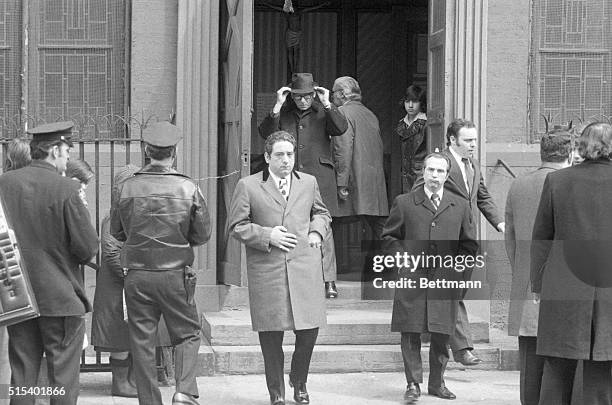 New York: Bodyguard At Funeral. Peter Diapoulos, bodyguard of slain mobster Joseph "Crazy Joe" Gallo, leaves church after funeral service for Gallo,...