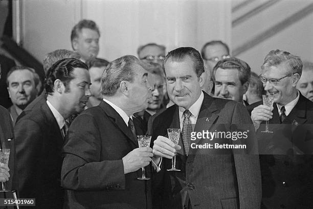 General Secretary of the Soviet Communist Party Leonid I. Brezhnev, offers a toast to President Richard Nixon following the signing of the Strategic...