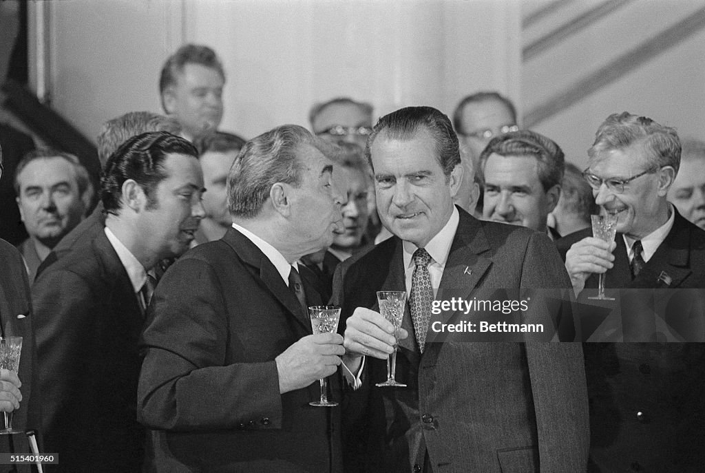 Richard Nixon and Leonid Brezhnev Drink to SALT I Treaty