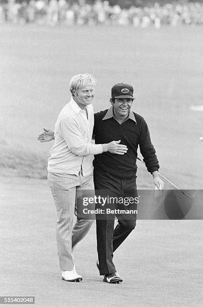 Pebble Beach, California: Jack Nicklaus is congratulated by Lee Trevino after Nicklaus won the 72nd US Open Golf Tournament on the Pebble Beach...