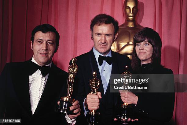 Los Angeles, Calif,: Philip D' Antoni and Gene Hackman, producer and star, respectively, of "best picture" The French Connection, hold Oscars they...