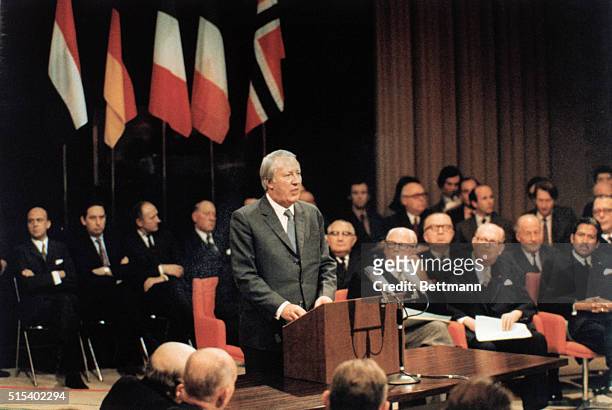 Britain Signs Treaty of Accession to Enter EEC. The Rt. Hon. Edward Heath, the British Prime Minister, pictured on January 22, 1972 speaking after...