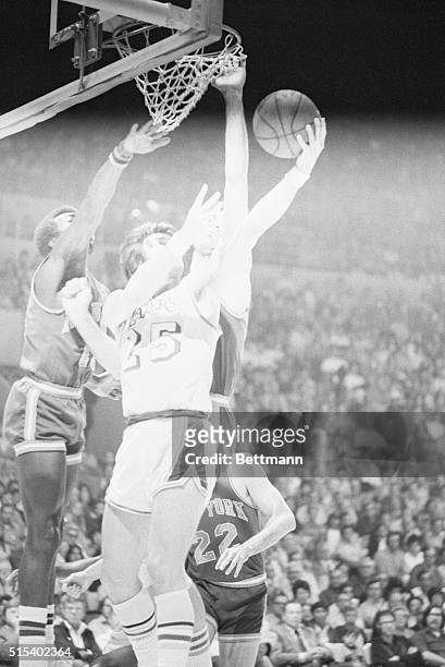 April 30, 1972 - Inglewood, California: The New York Knicks double team Los Angeles Lakers little Gail Goodrich to no avail as he scores two of his...