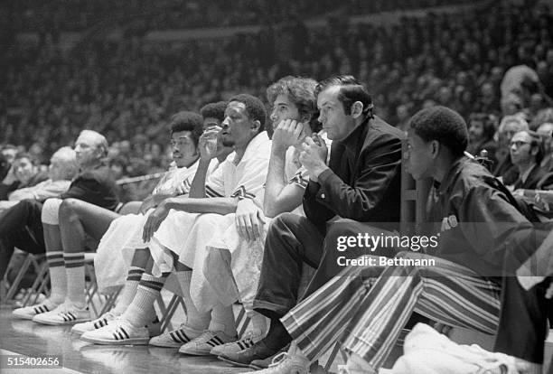 Bill Bradley of the New York Knicks left the court dressed in civvies, following the game against the Portland Trail Blazers here. Bradley, of...