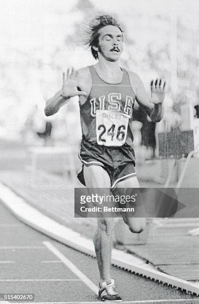 Oslo, Norway: Steve Prefontaine, of the U.S.A., is winning the 3,000 meter race with a time of 7:44.2 during the International Track and Field Meet...