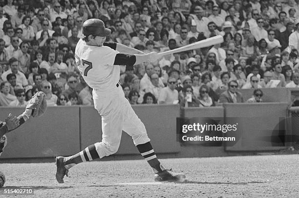 Red Sox-Milwaukee Brewers. Boston, Massachusetts: Catcher Carlton Fisk takes a mighty cut with his bat as he doubled home two runs during 8th inning...