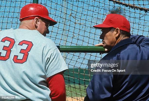 Frank Howard and manager Ted Williams of the Washington Senators talk during spring training during the early 1970s in Florida.