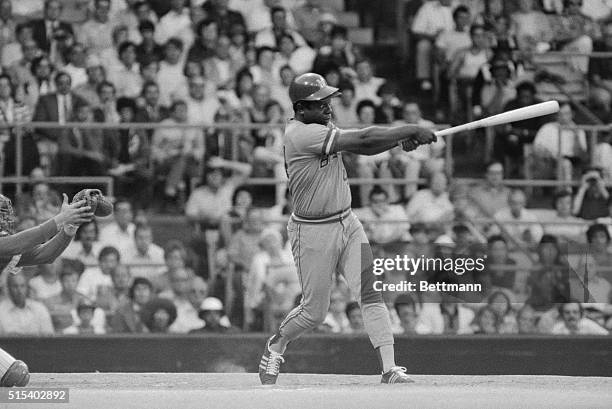 Henry Aaron belts out a double to center field bringing in two runs for the Milwaukee Brewers during the 3rd inning of the game on July 21st....